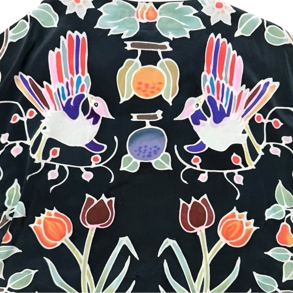 Vintage Art Waves Silk Floral Printed Tropical Bird Tunic, Oversized Small - Picture 7 of 11